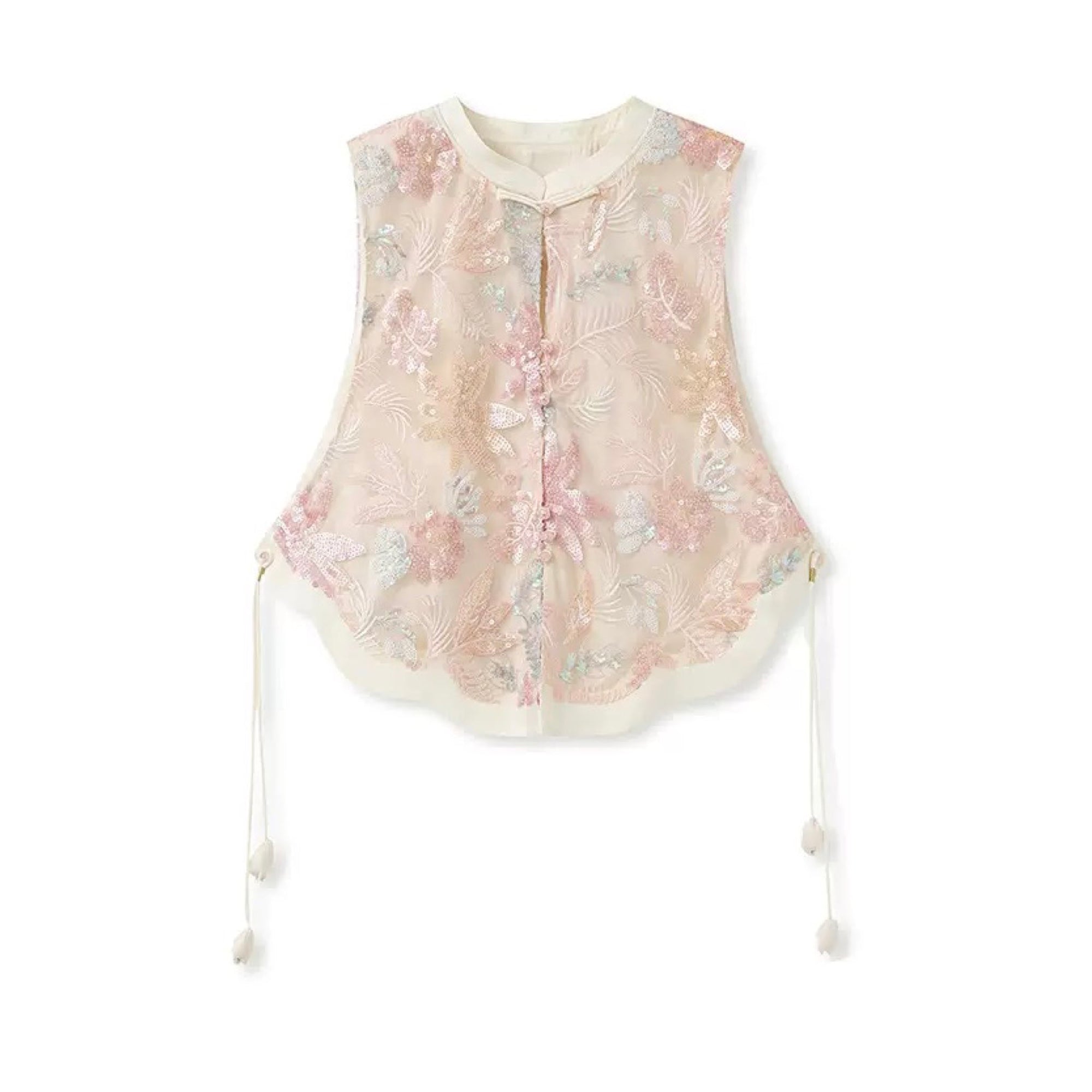 WJY STUDIO - Cream-Pink 3D Embroidered Cropped Top, buy at DOORS NYC