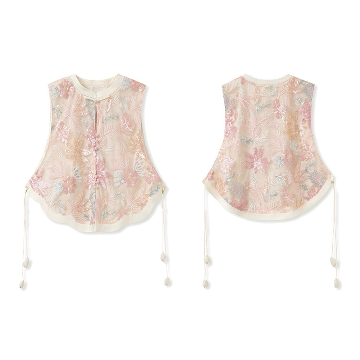 WJY STUDIO - Cream-Pink 3D Embroidered Cropped Top, buy at DOORS NYC