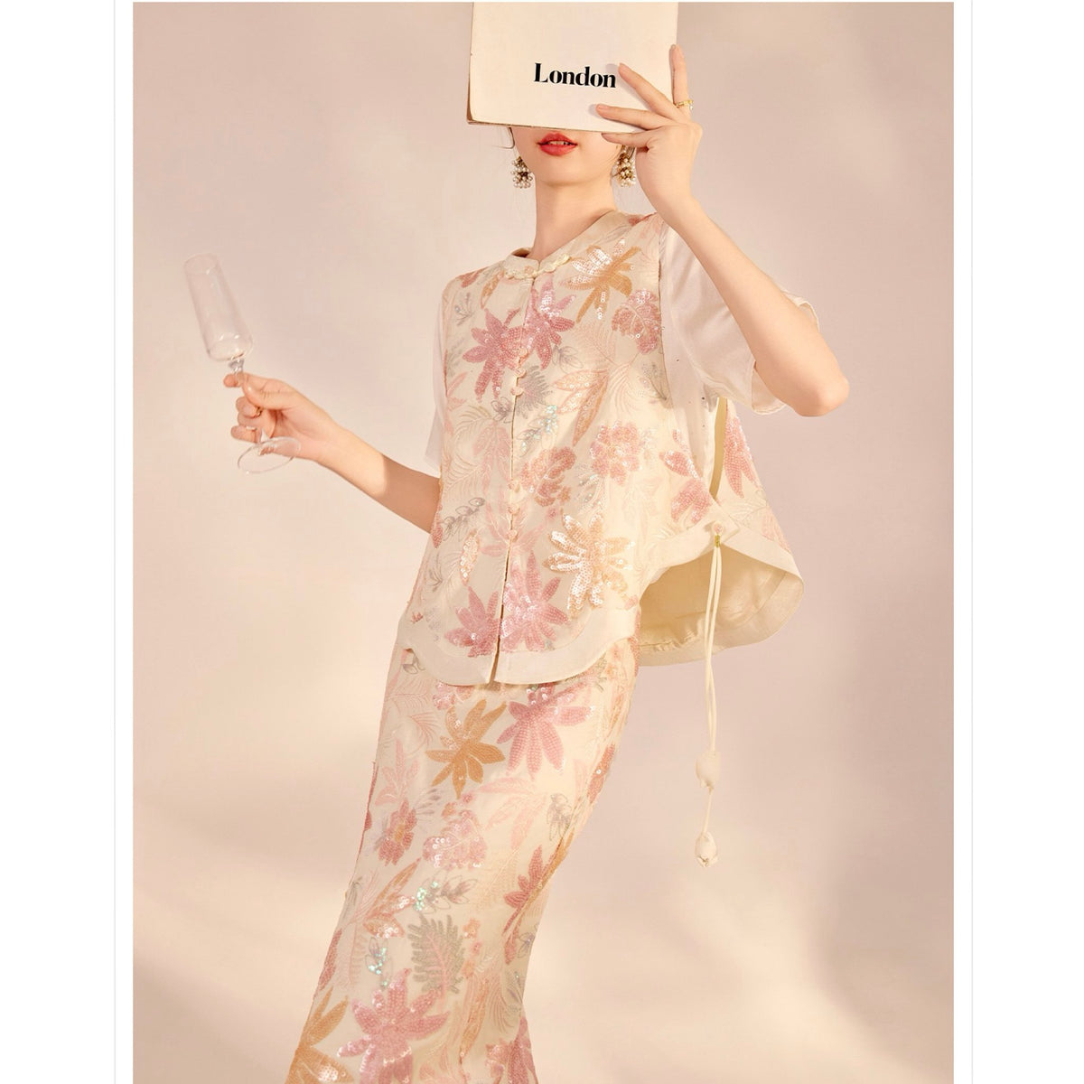 WJY STUDIO - Cream-Pink 3D Embroidered Cropped Top, buy at DOORS NYC