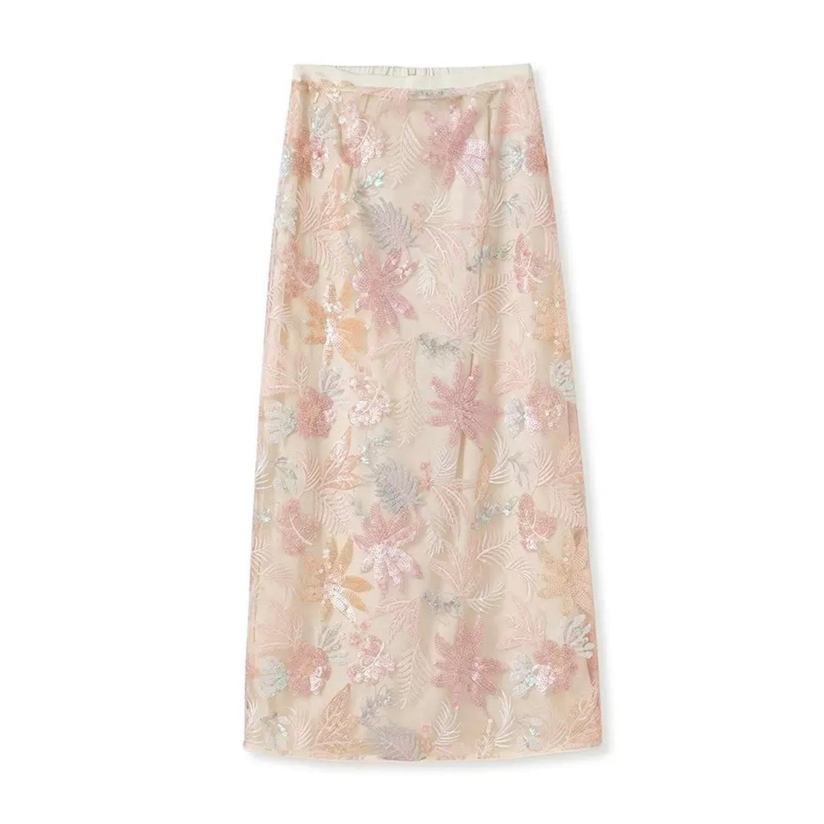WJY STUDIO - Cream-Pink Embroidered A-Line Skirt, buy at DOORS NYC
