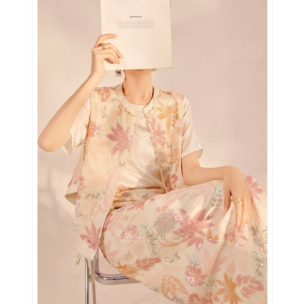 WJY STUDIO - Cream-Pink Embroidered A-Line Skirt, buy at DOORS NYC