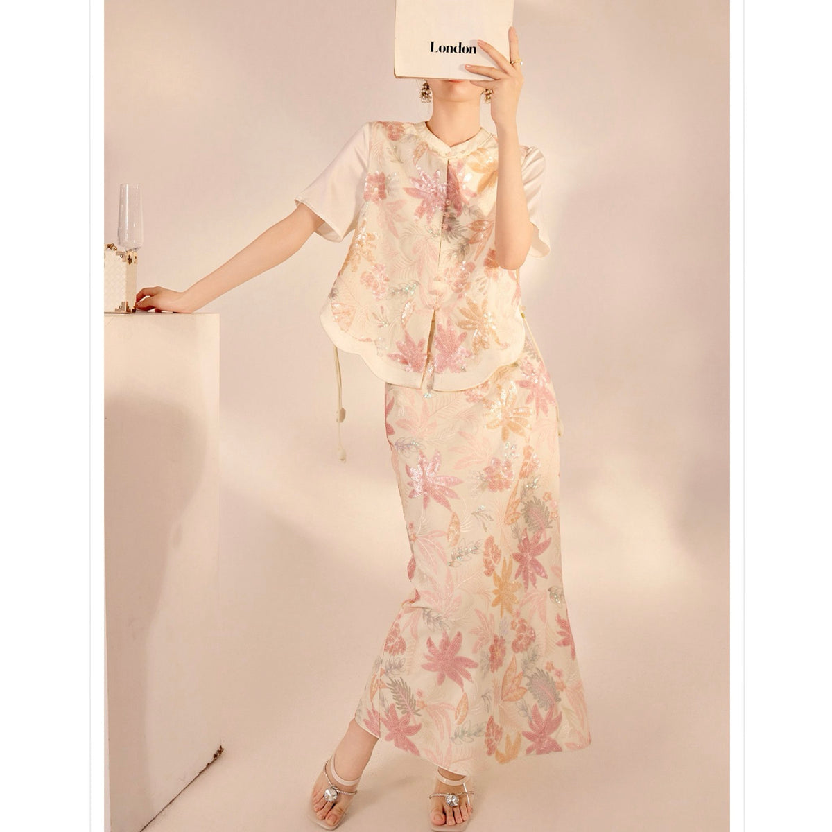 WJY STUDIO - Cream-Pink Embroidered A-Line Skirt, buy at DOORS NYC