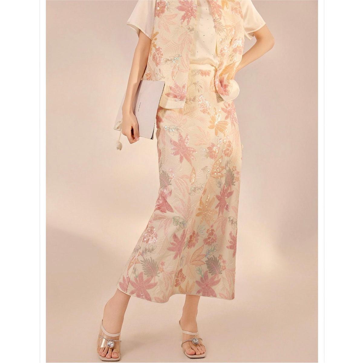 WJY STUDIO - Cream-Pink Embroidered A-Line Skirt, buy at DOORS NYC