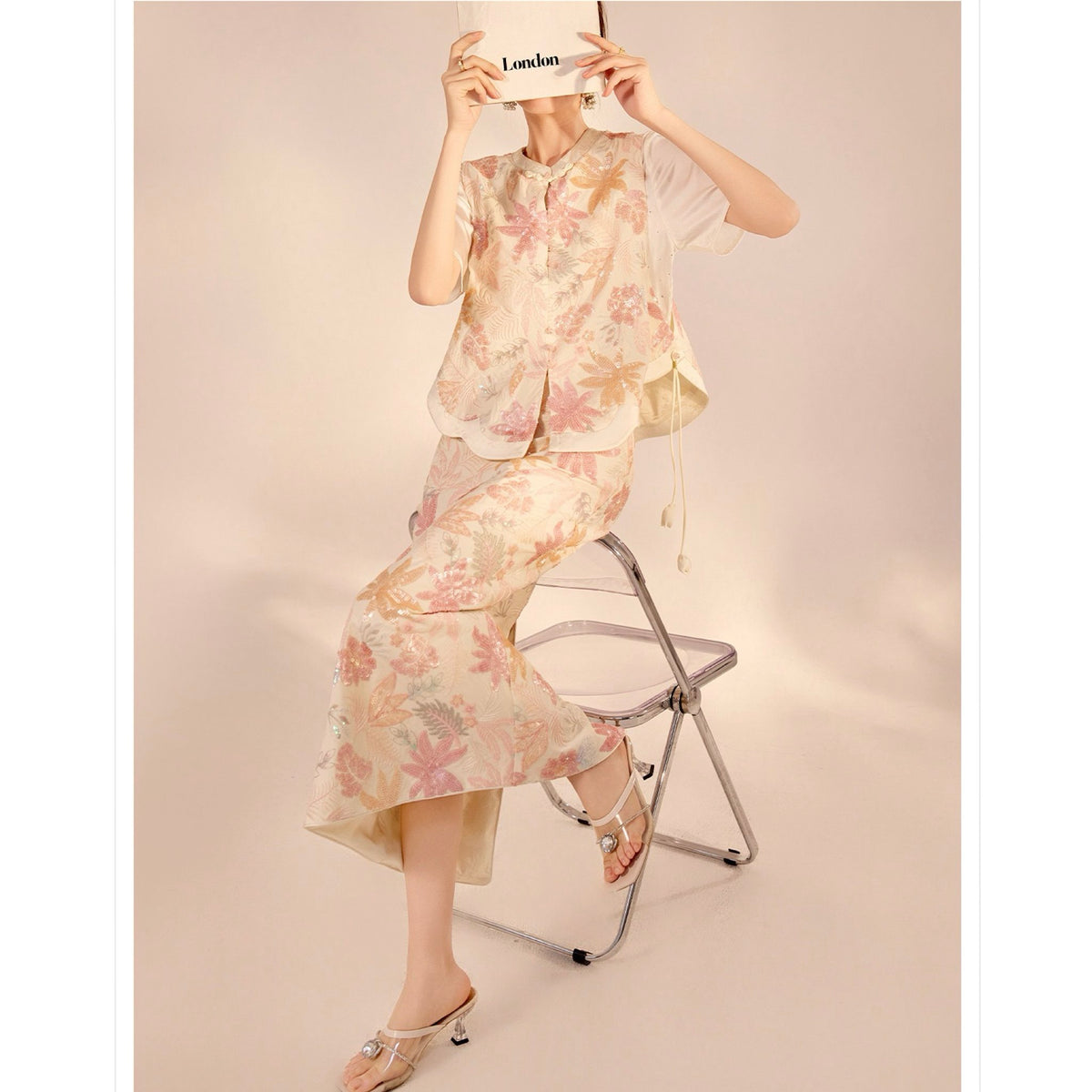 WJY STUDIO - Cream-Pink Embroidered A-Line Skirt, buy at DOORS NYC