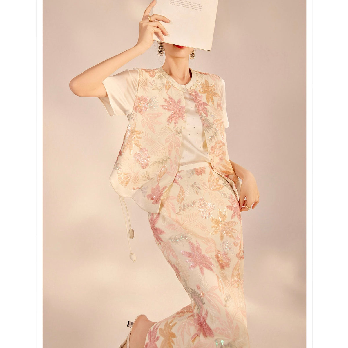 WJY STUDIO - Cream-Pink Embroidered A-Line Skirt, buy at DOORS NYC
