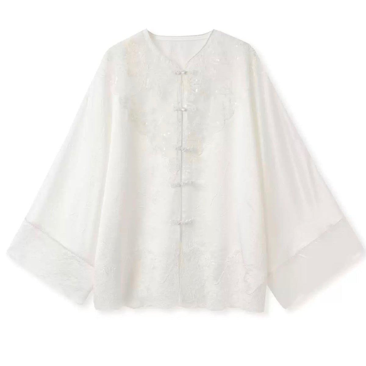 White blouse with ruffled sleeves on a white background