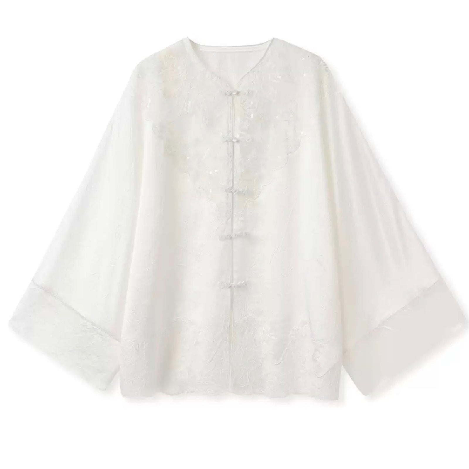 White blouse with ruffled sleeves on a white background