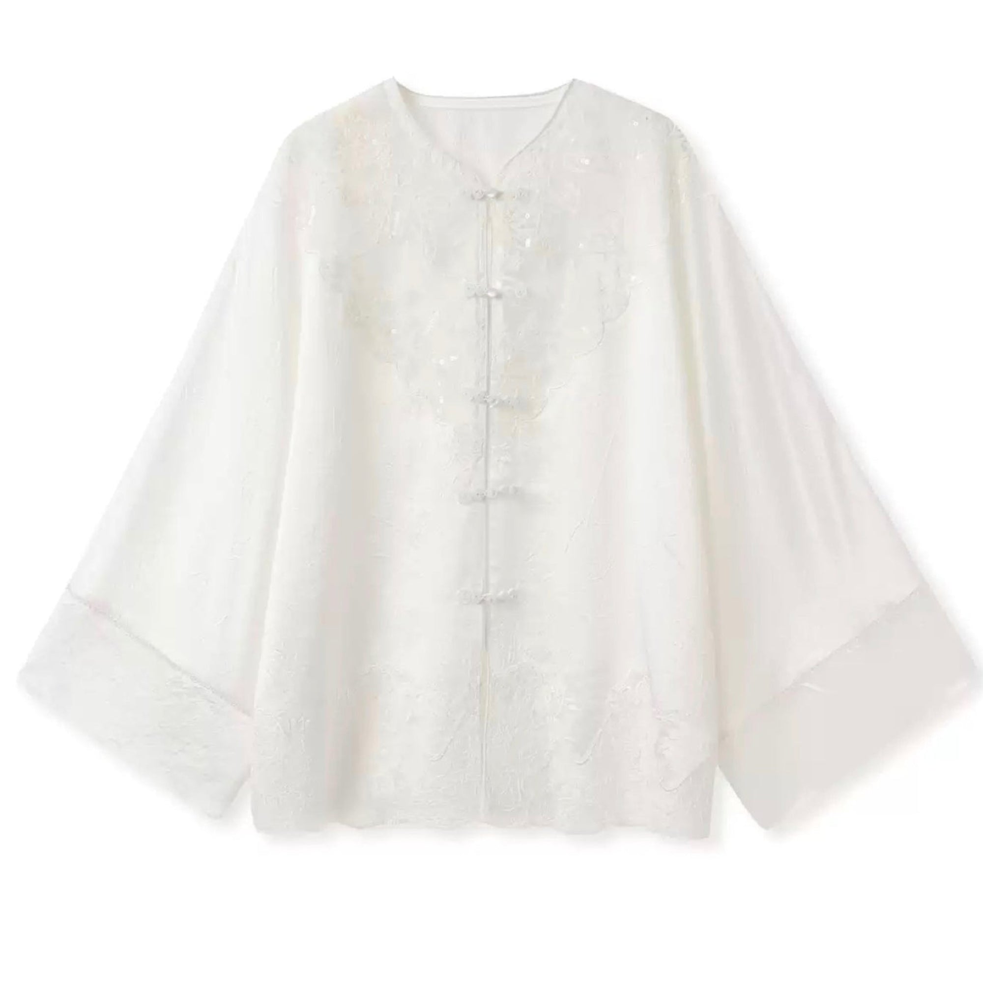 White blouse with ruffled sleeves on a white background