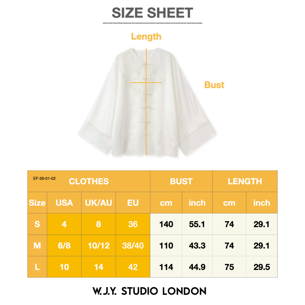 Size chart for a garment with measurements in inches and centimeters, featuring W.J.Y. Studio London branding.