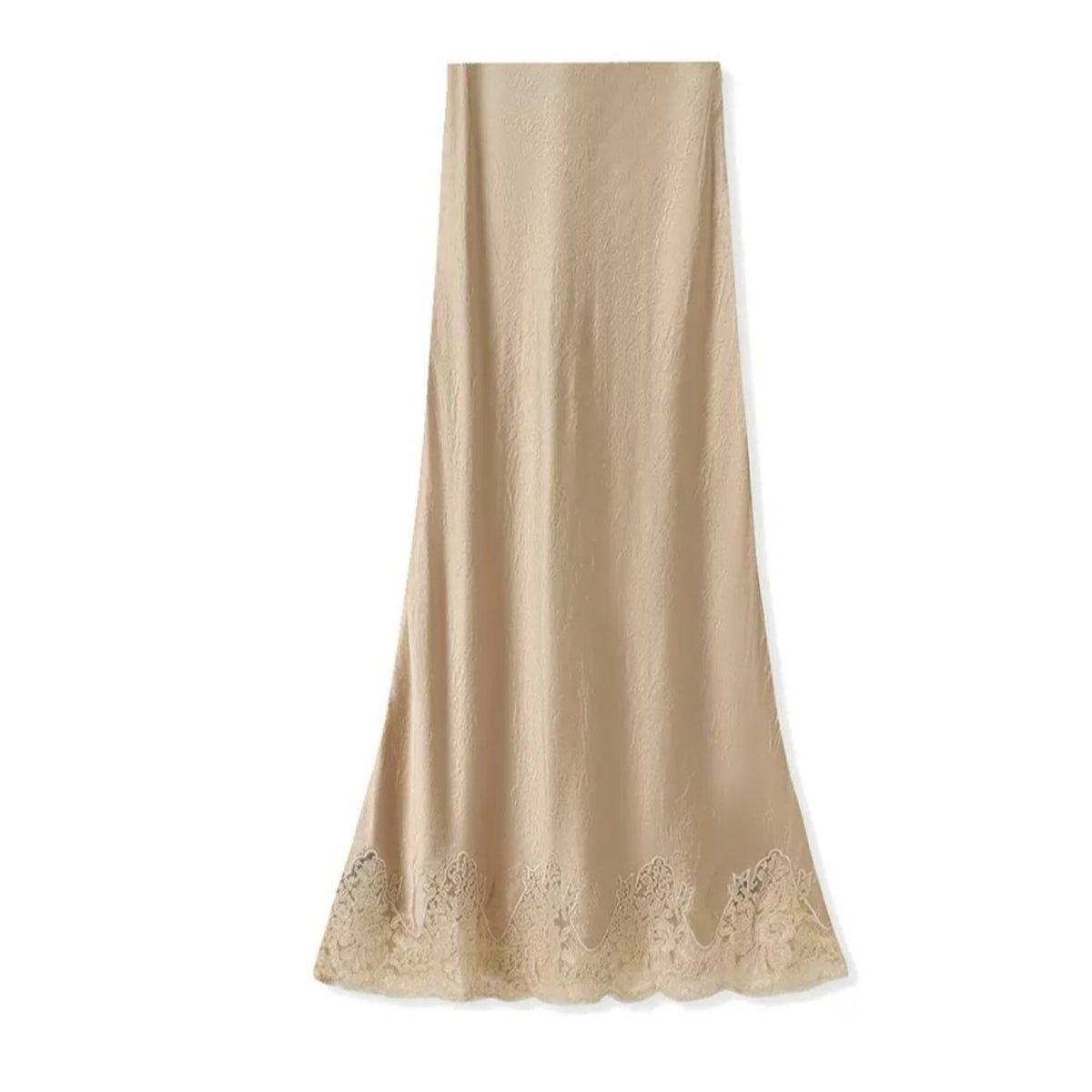 Beige skirt with lace detailing on a white background