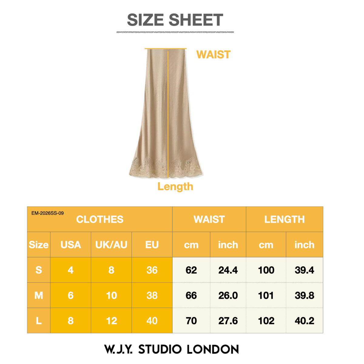 Size sheet for a garment with measurements in cm and inch, featuring W.J.Y. Studio London branding.