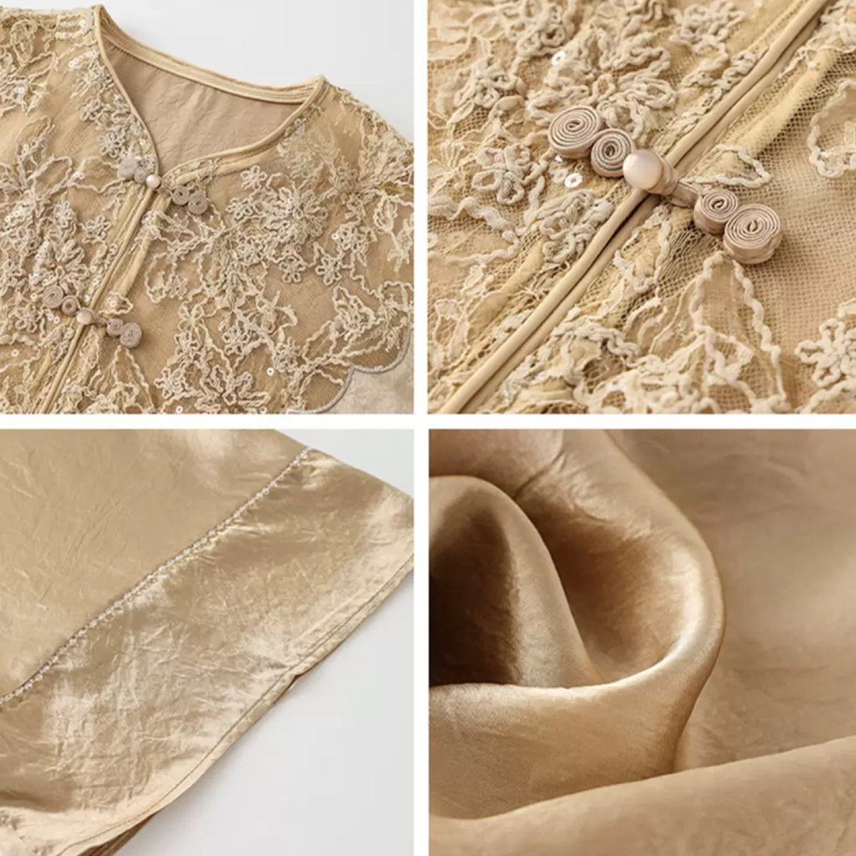 Close-up details of a beige embroidered garment with buttons on a white background.