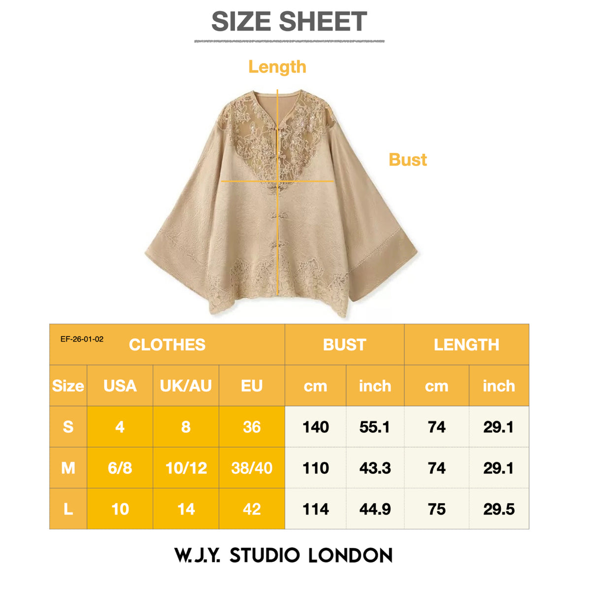 Size chart for a garment with measurements labeled on a white background, featuring W.J.Y. Studio London branding.