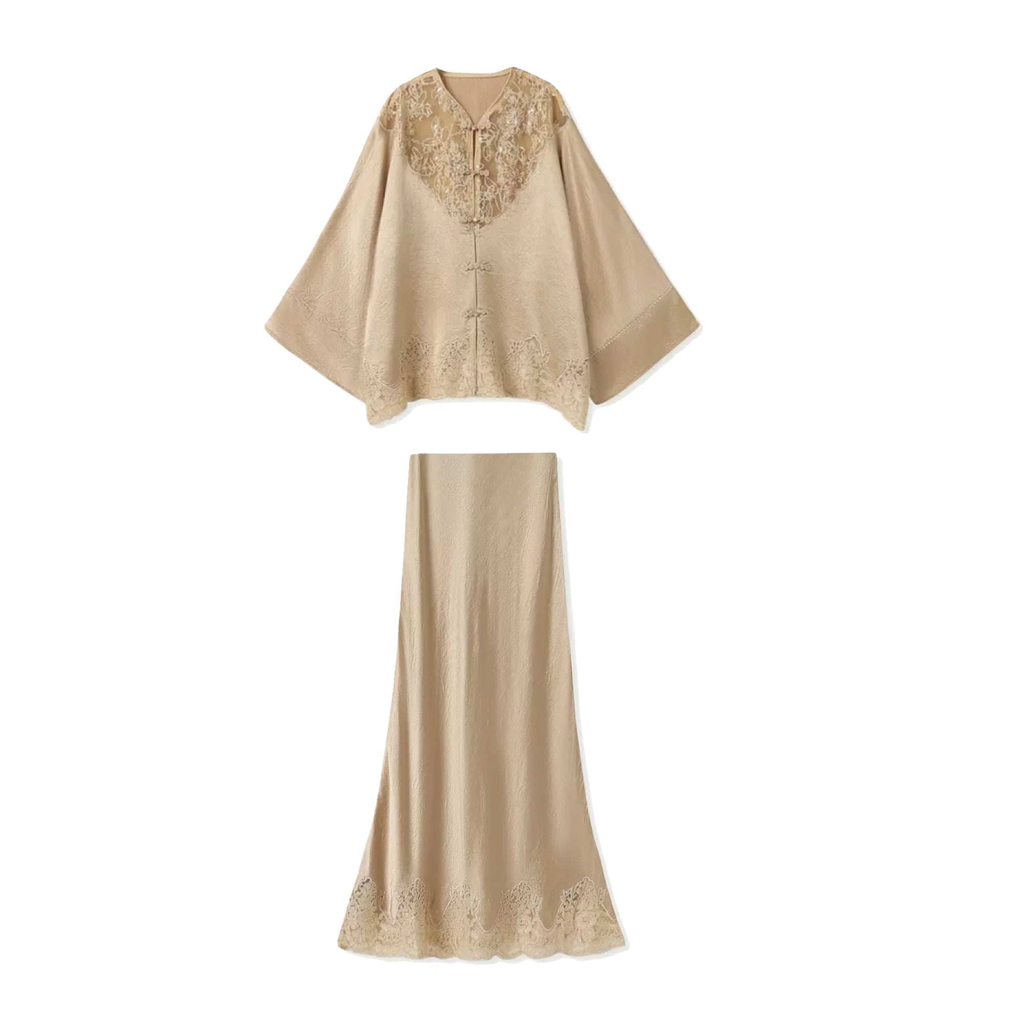 Luxury Embroidered Lace Oversize Top and Skirt Suit | Brown