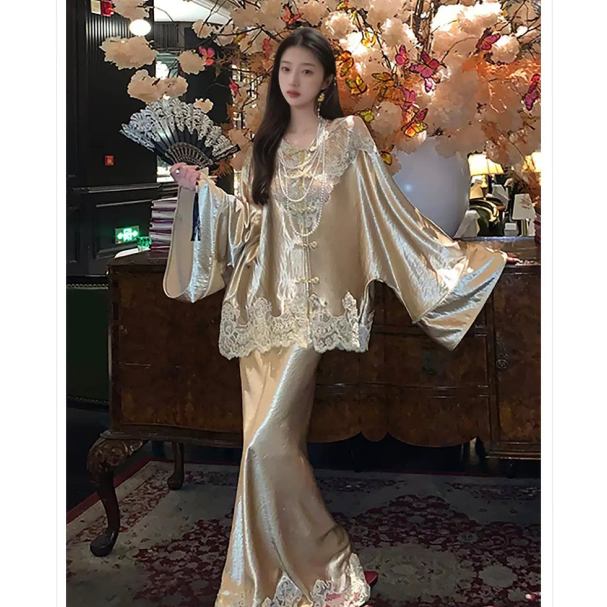 Luxury Embroidered Lace Oversize Top and Skirt Suit | Brown