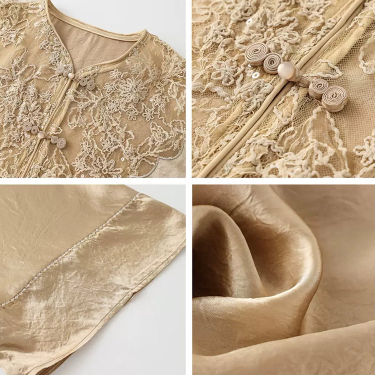 Collage of beige embroidered fabric with close-up details on a white background