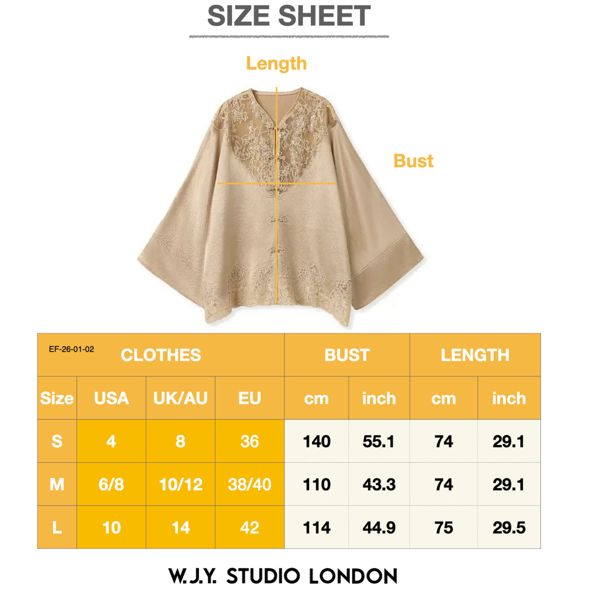Size chart for a garment with measurements labeled on a white background, featuring W.J.Y. Studio London branding.