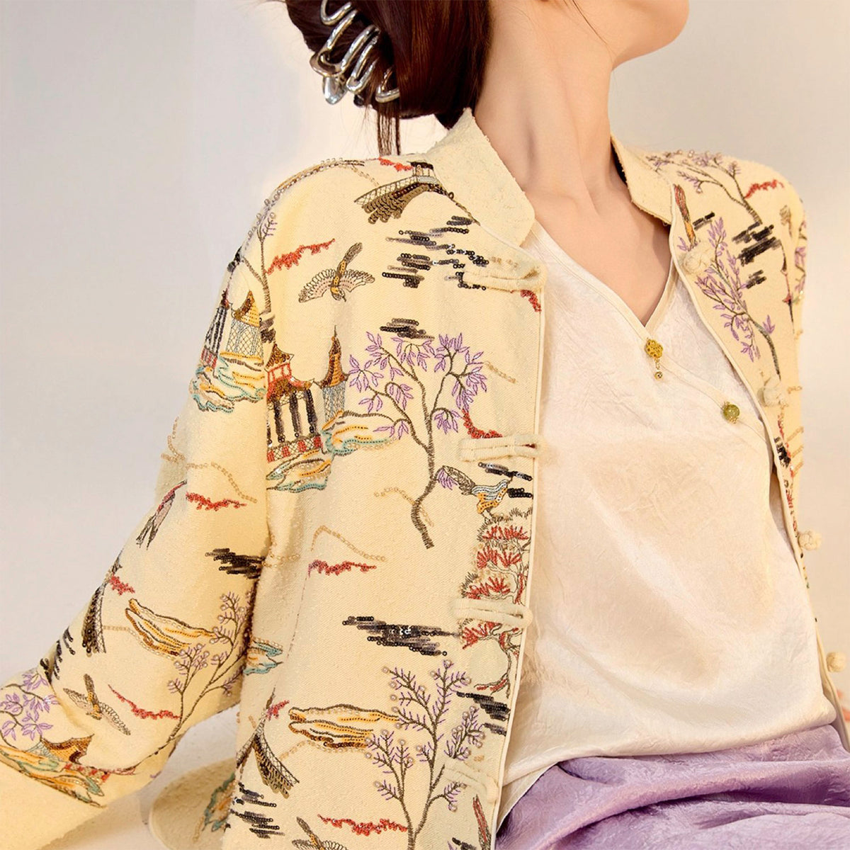 Embroidered Cardigan Jacket with Oriental Stitching