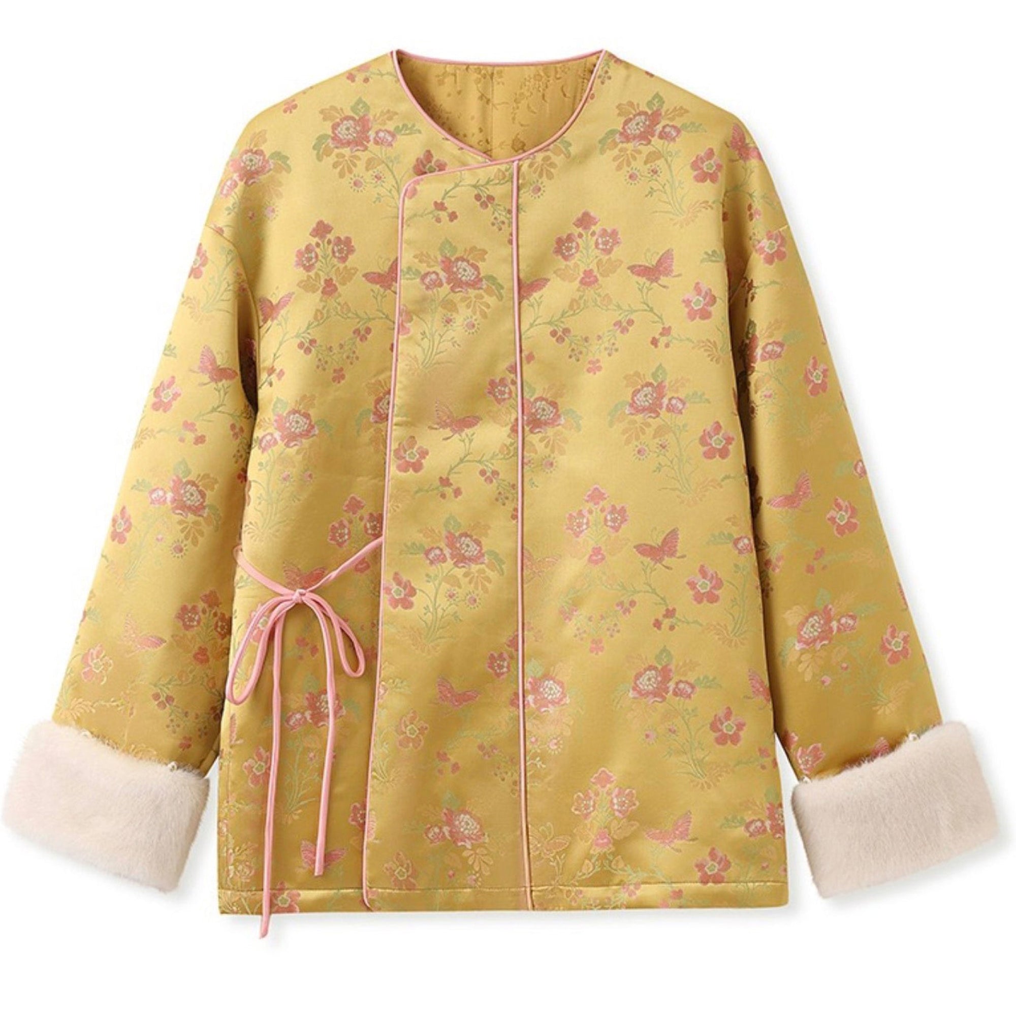 Green floral-patterned jacket with white trim on a white background