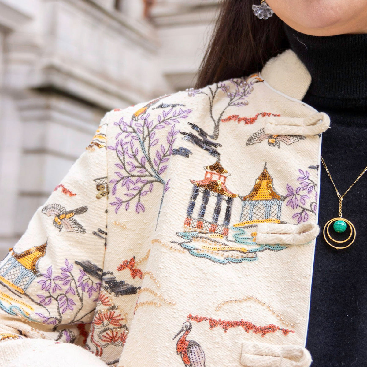 Embroidered Cardigan Jacket with Oriental Stitching