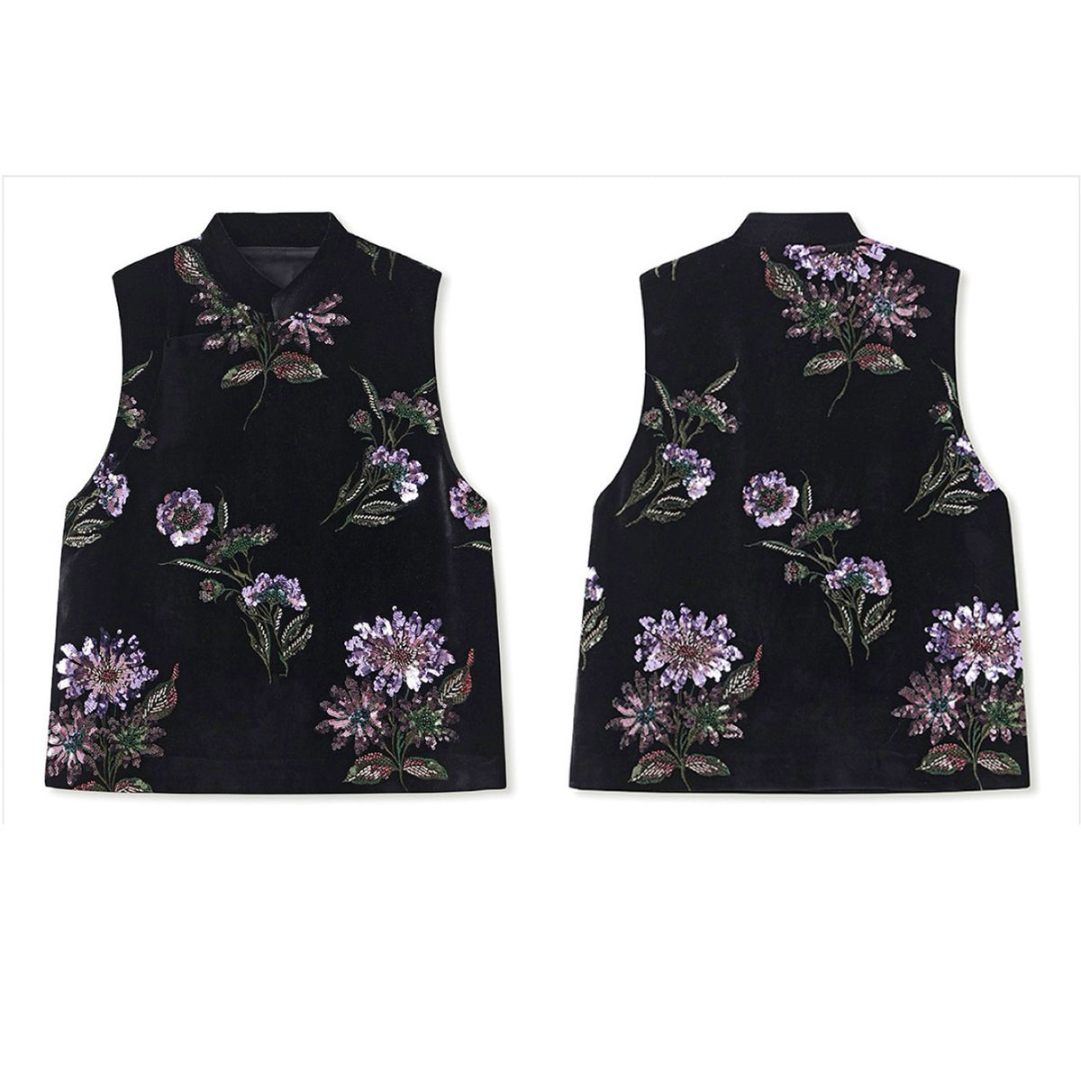 Black vest with floral pattern on a white background