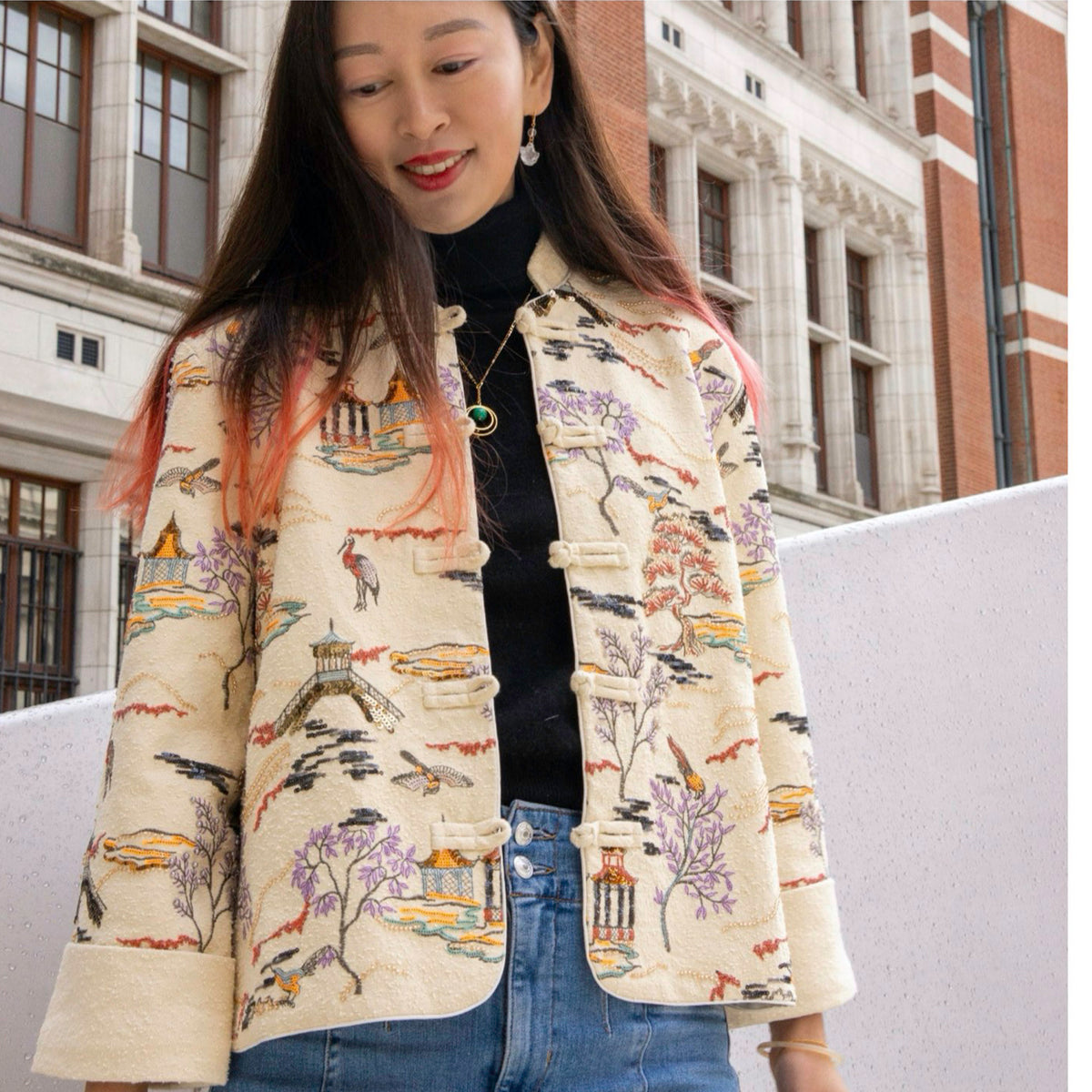 Embroidered Cardigan Jacket with Oriental Stitching
