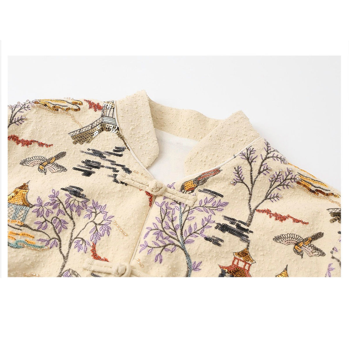 Embroidered Cardigan Jacket with Oriental Stitching