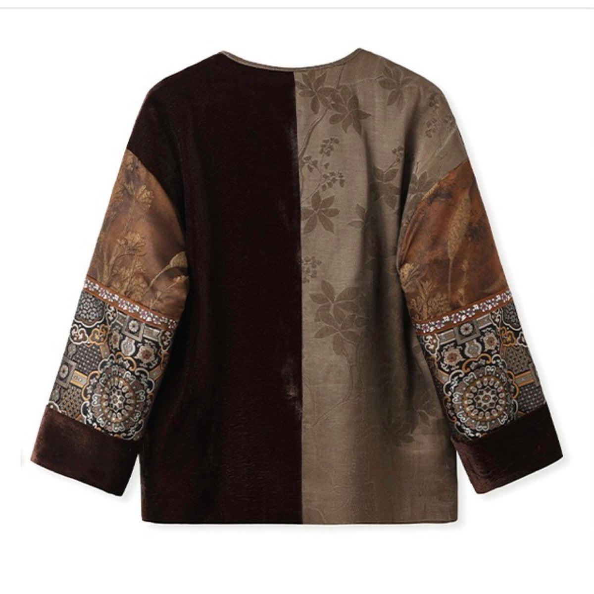 Black and brown patterned top with long sleeves on a white background