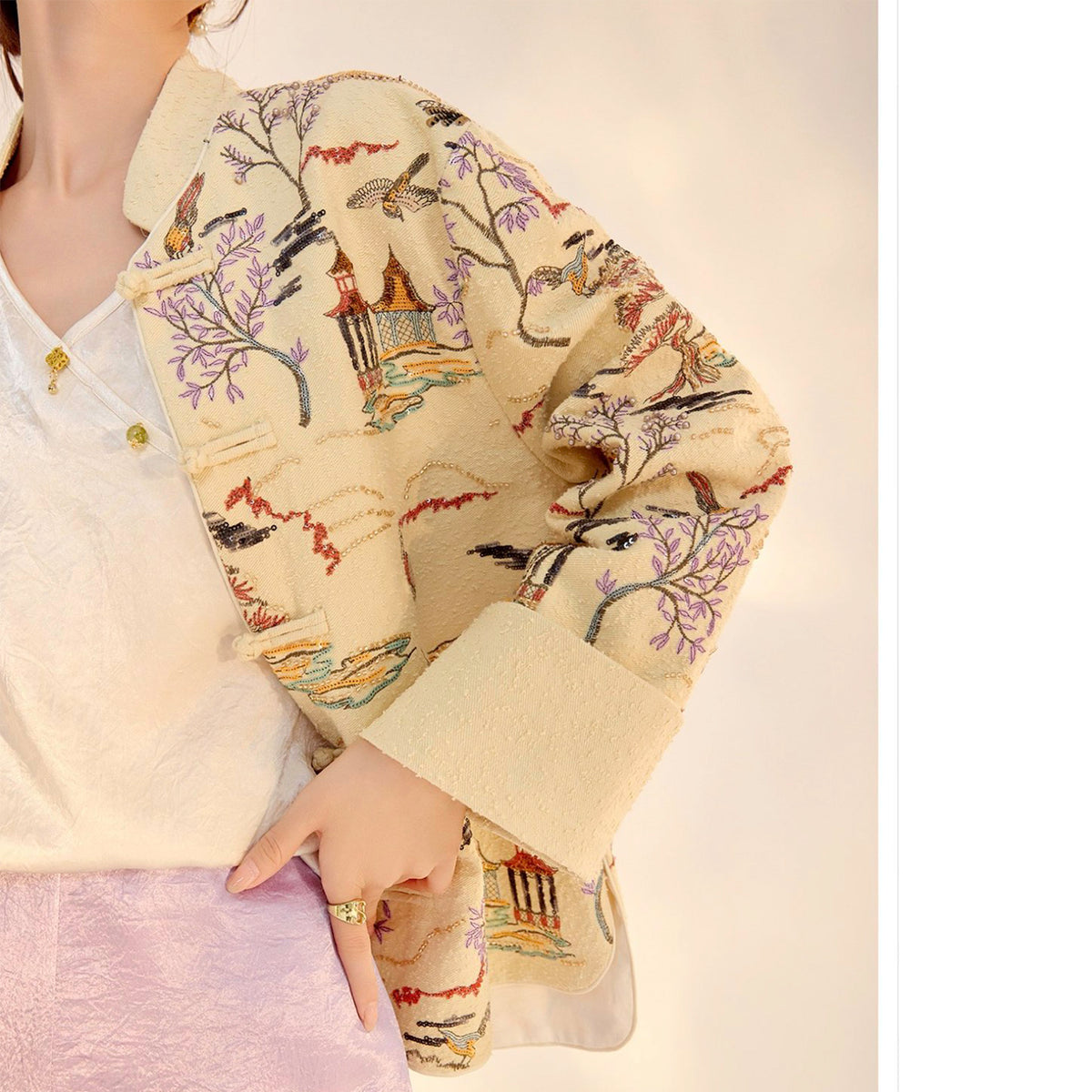 Embroidered Cardigan Jacket with Oriental Stitching