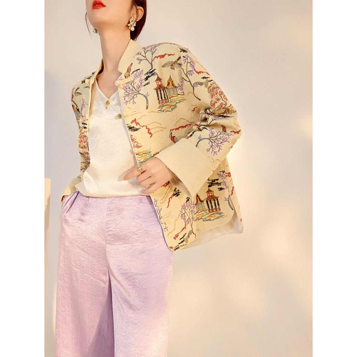 Embroidered Cardigan Jacket with Oriental Stitching