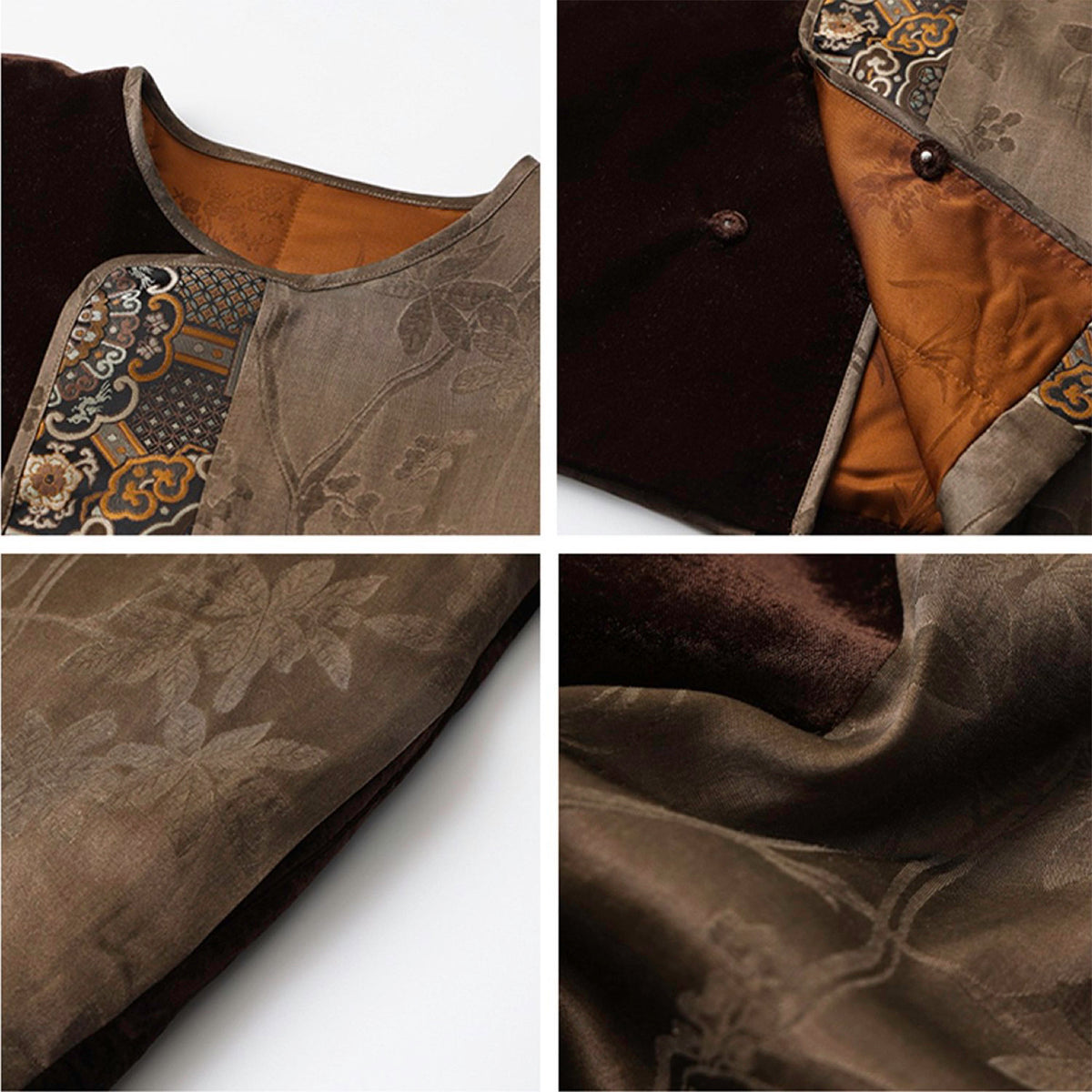 Collage of a brown fabric with intricate embroidery and patterns.