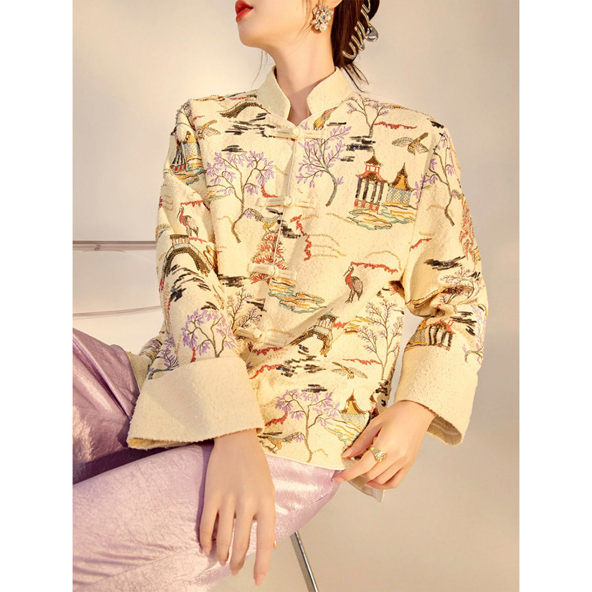 Embroidered Cardigan Jacket with Oriental Stitching