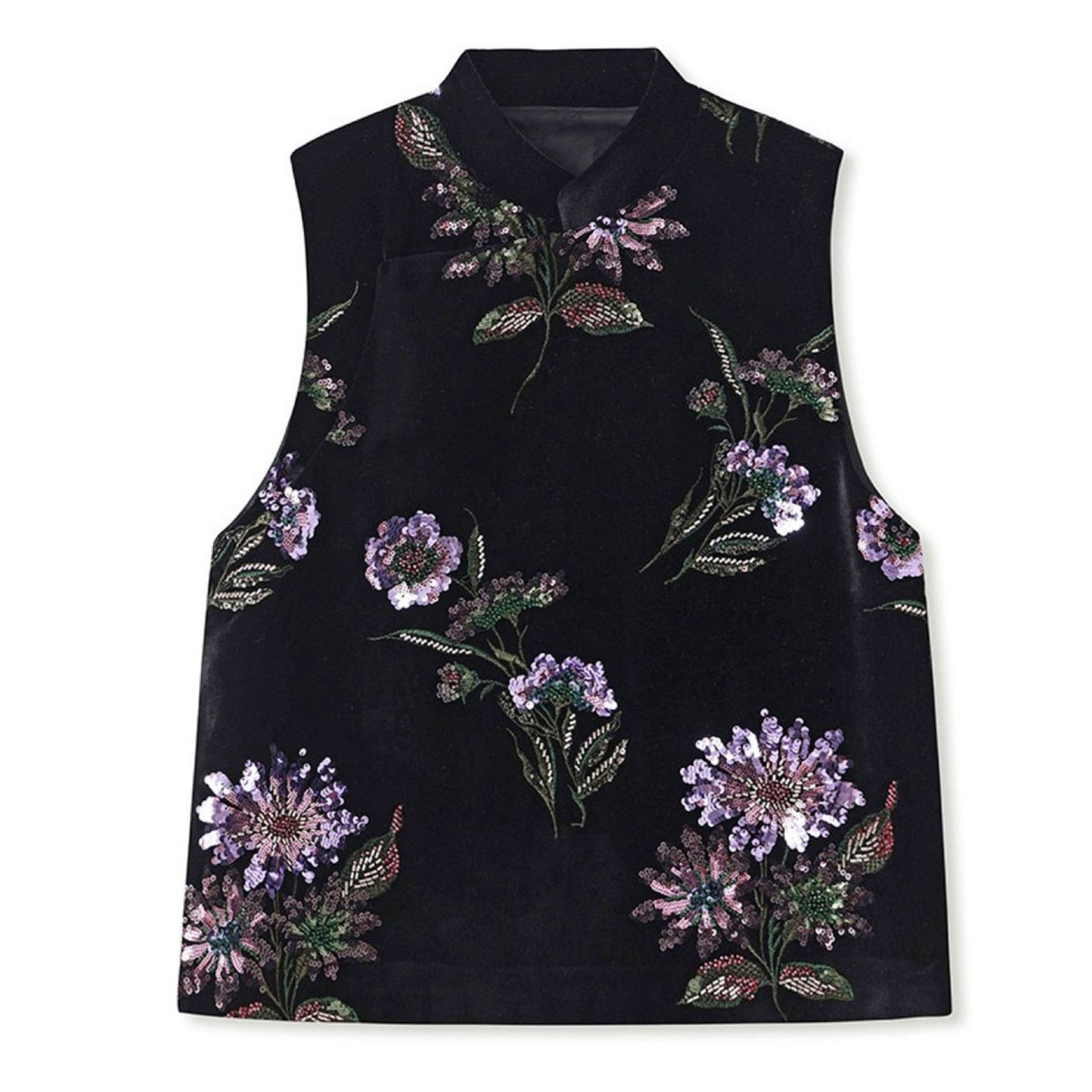 Black sleeveless top with floral embroidery on a white background