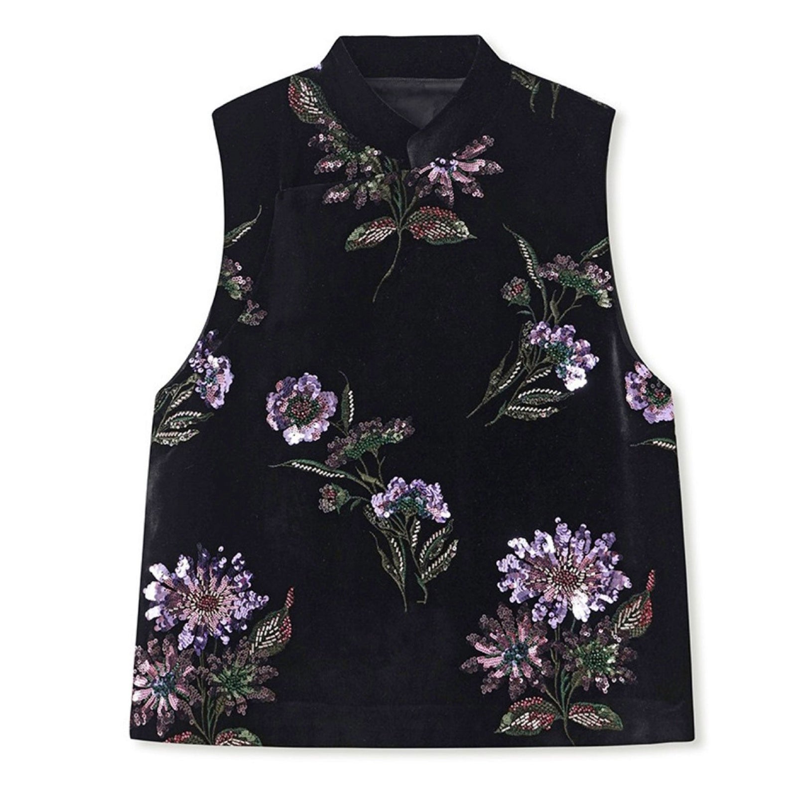 Black sleeveless top with floral embroidery on a white background