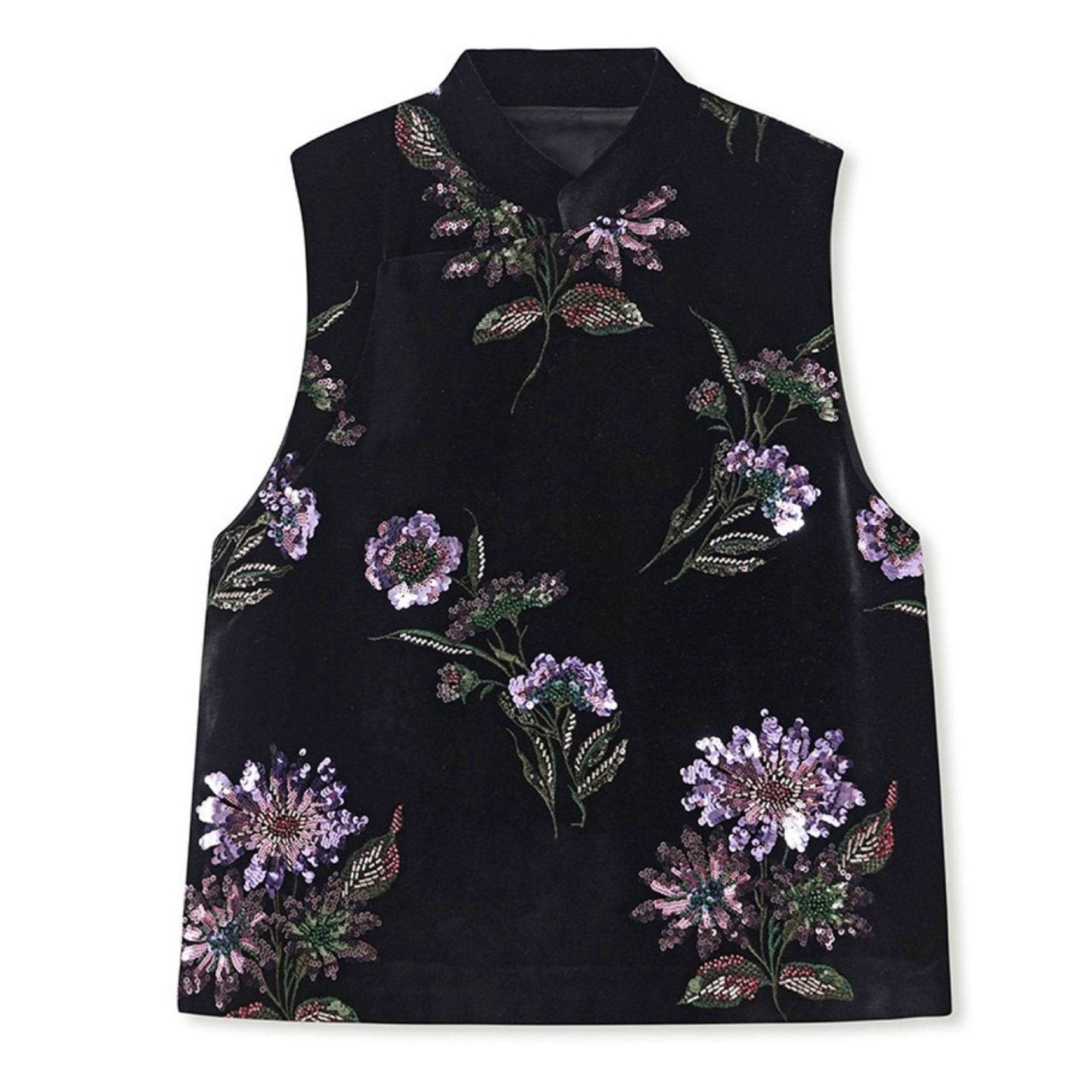 Black sleeveless top with floral embroidery on a white background