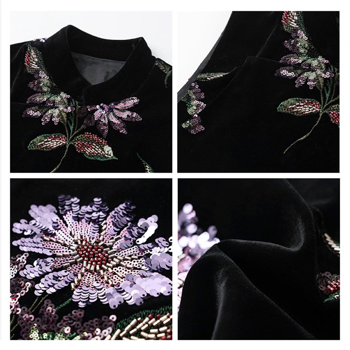 Close-up of a black garment with floral embroidery and sequin details.