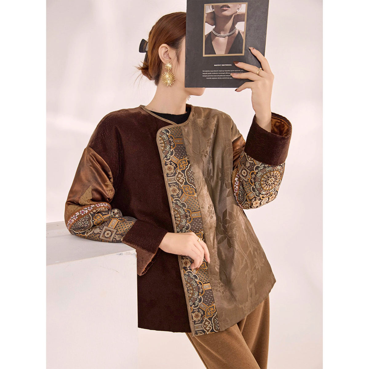 Embroidered Patchwork Velvet &amp; Jacquard Blouse in Earthy Browns