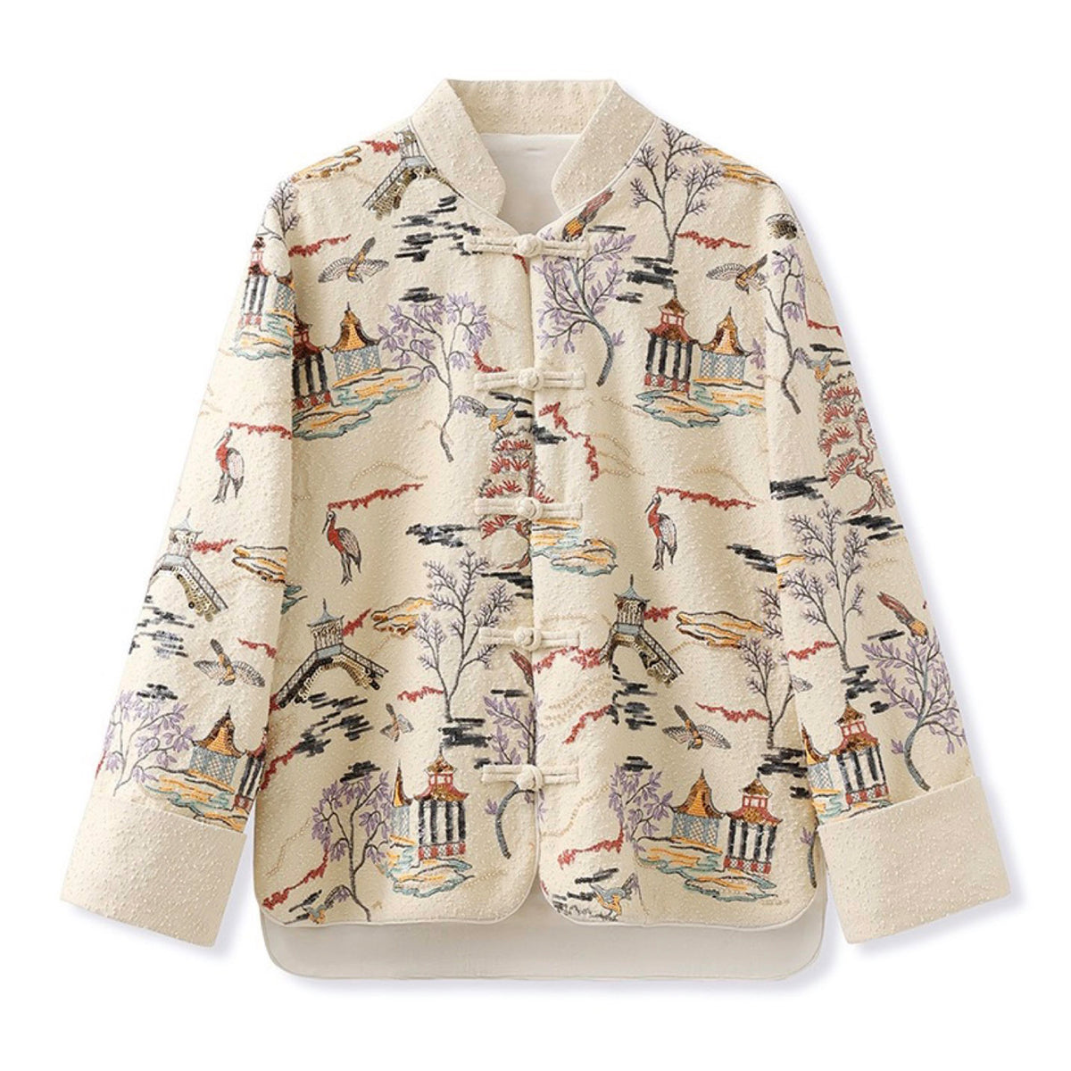 Embroidered Cardigan Jacket with Oriental Stitching