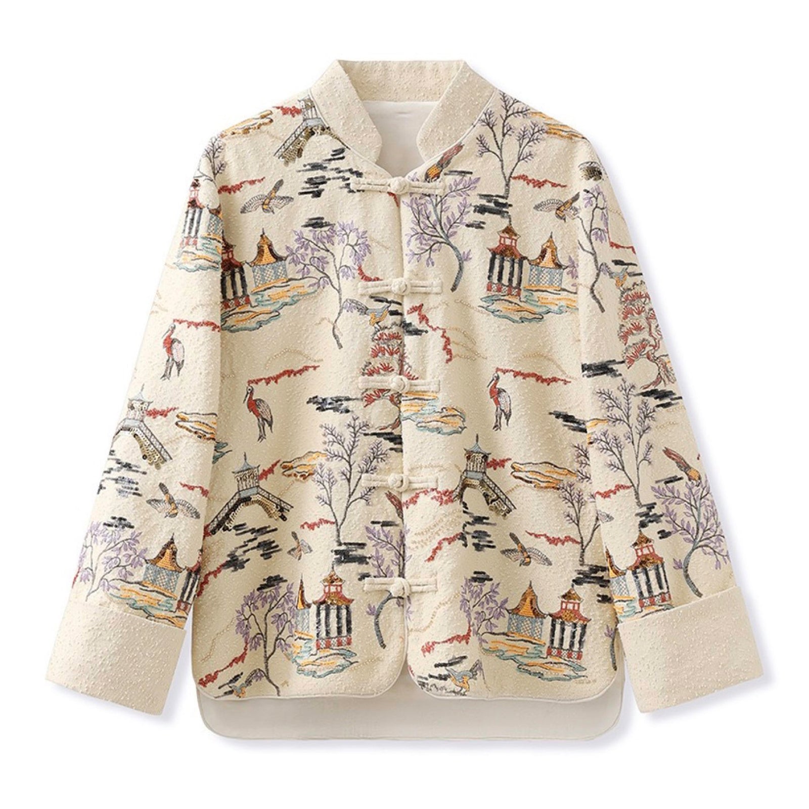Embroidered Cardigan Jacket with Oriental Stitching