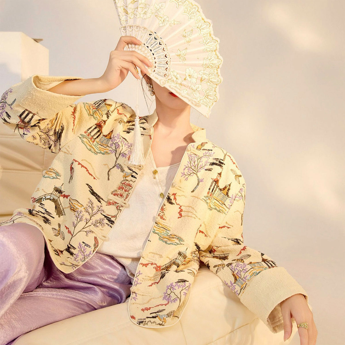 Embroidered Cardigan Jacket with Oriental Stitching