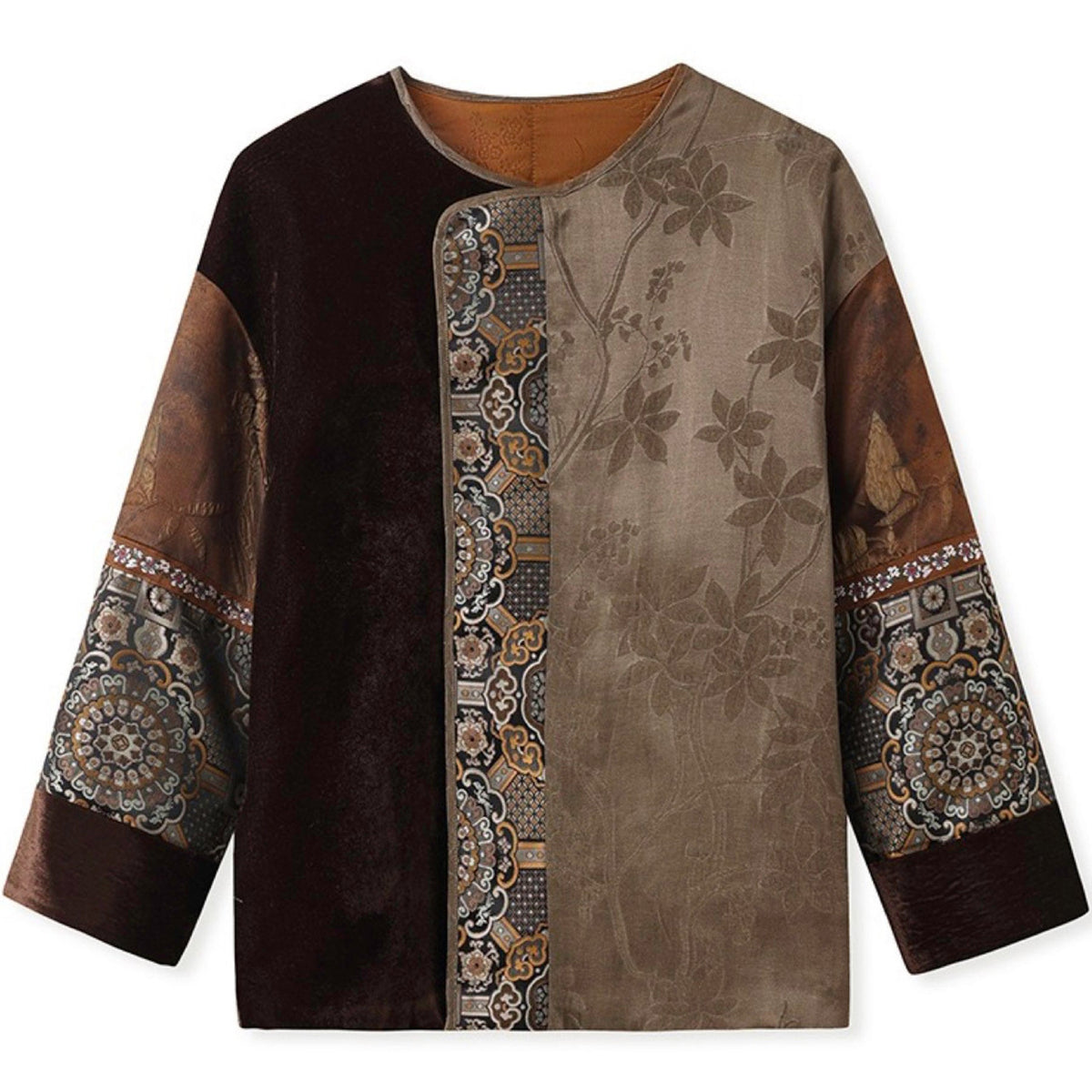 Long-sleeve top with floral and patterned design on a white background
