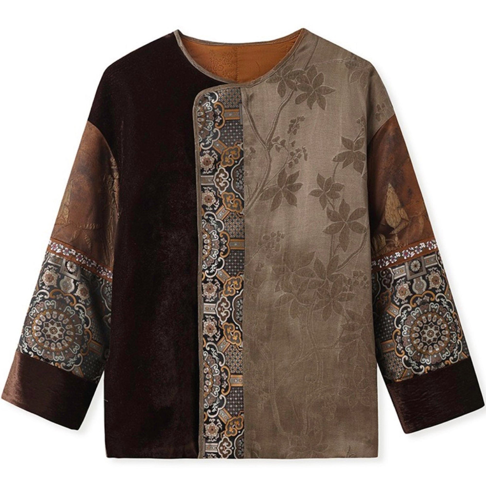 Long-sleeve top with floral and patterned design on a white background