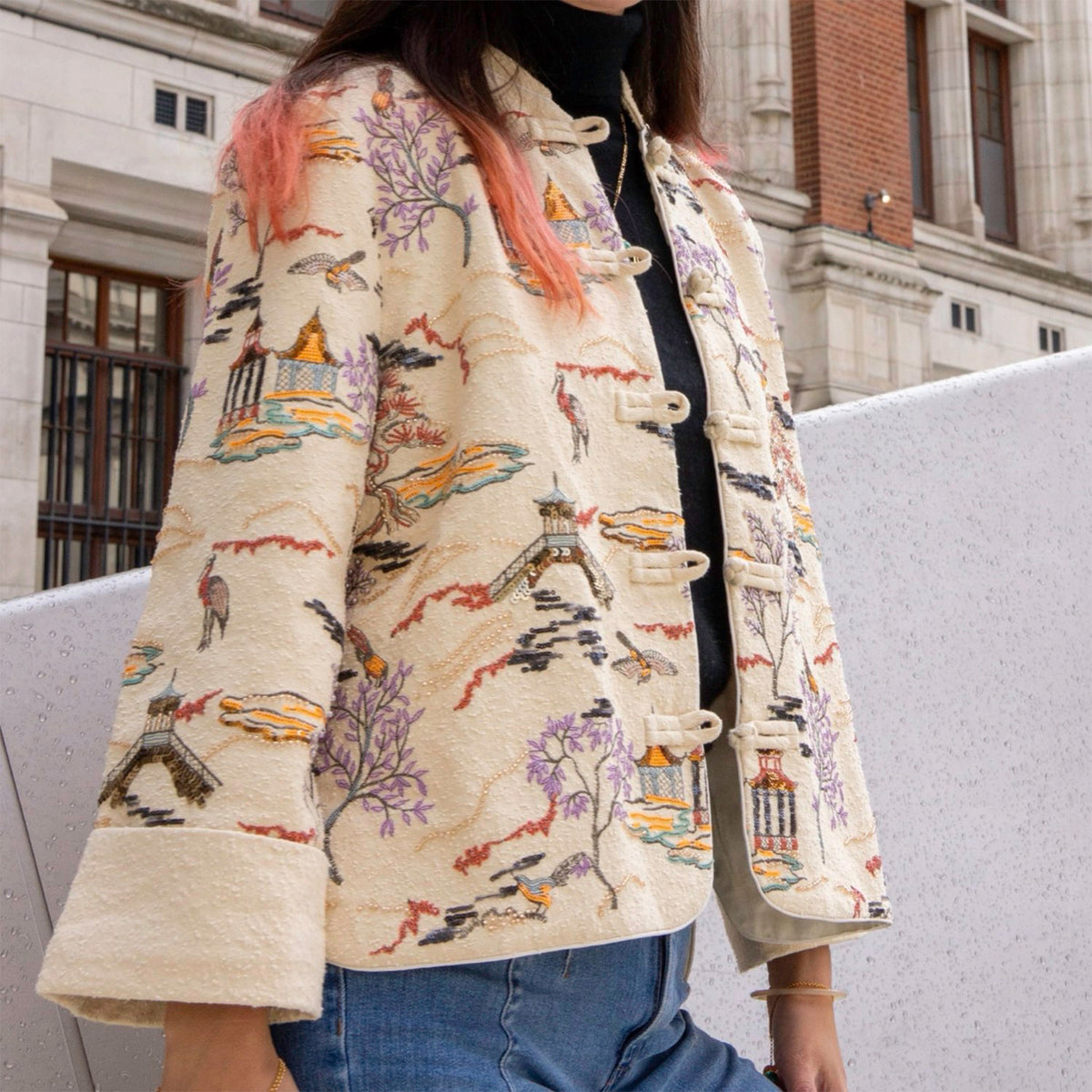 Embroidered Cardigan Jacket with Oriental Stitching