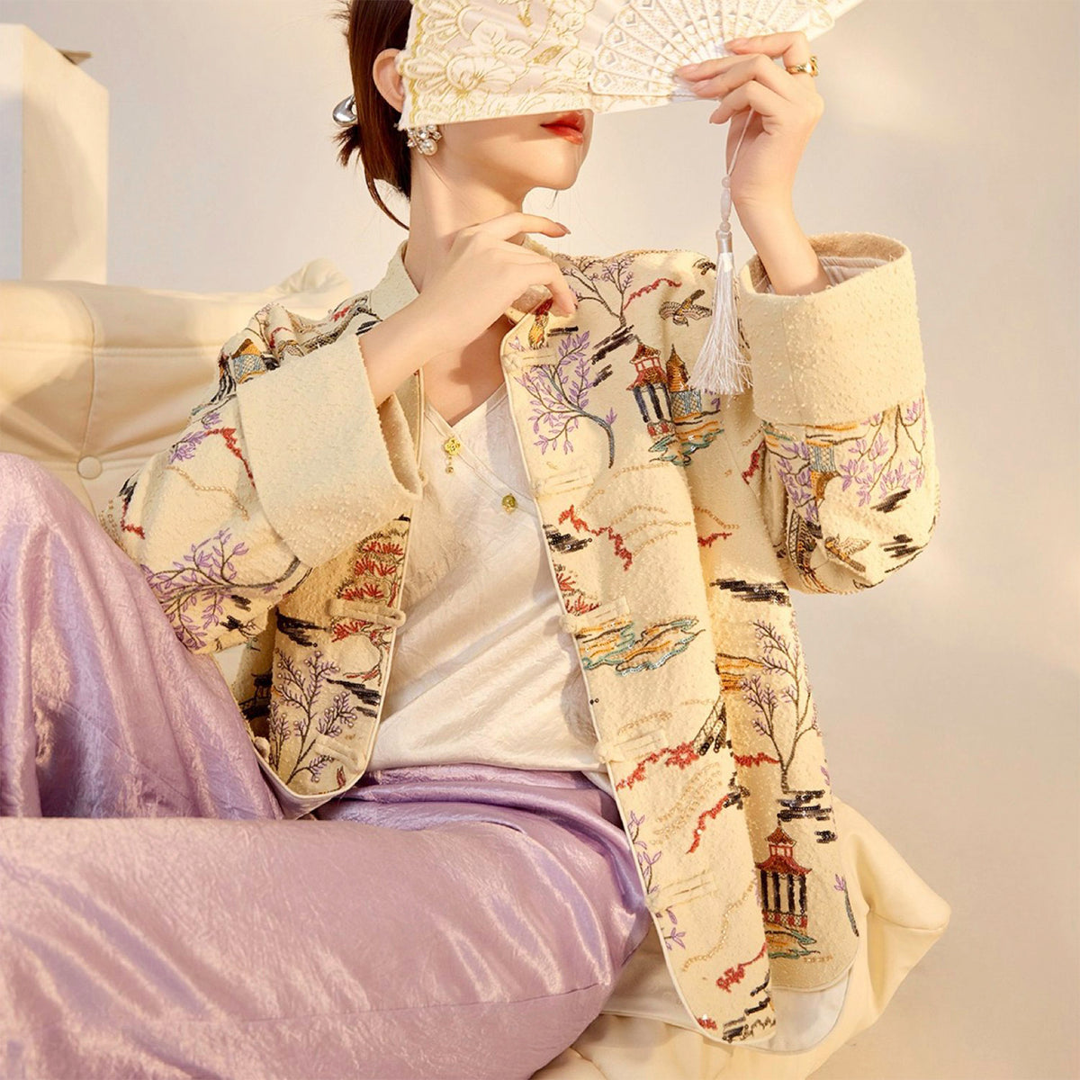 Embroidered Cardigan Jacket with Oriental Stitching