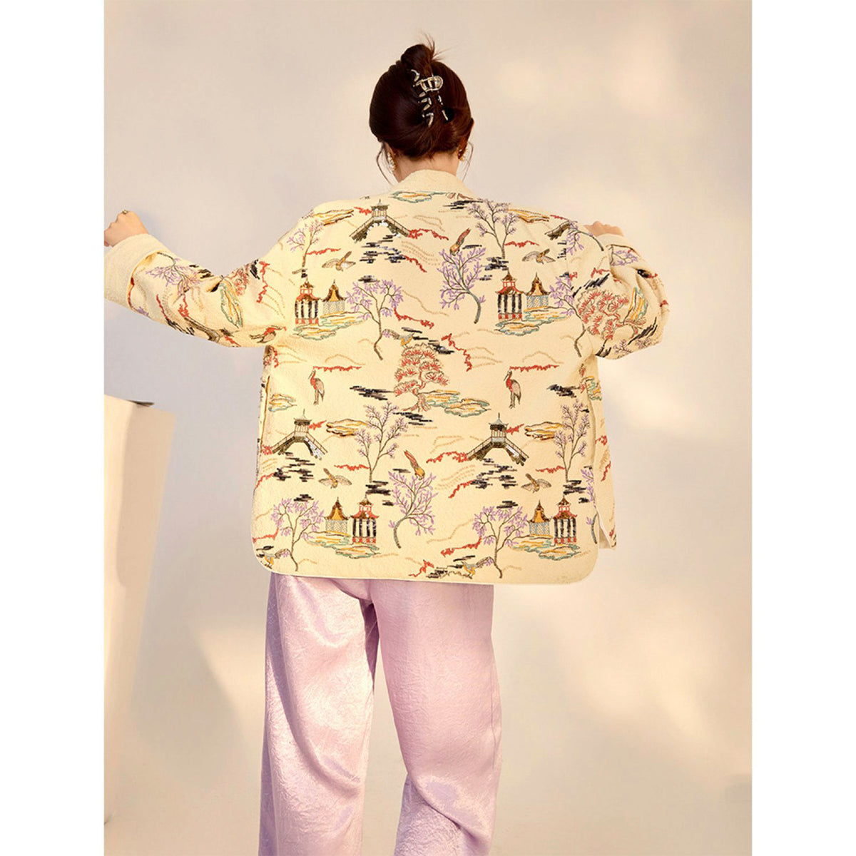 Embroidered Cardigan Jacket with Oriental Stitching