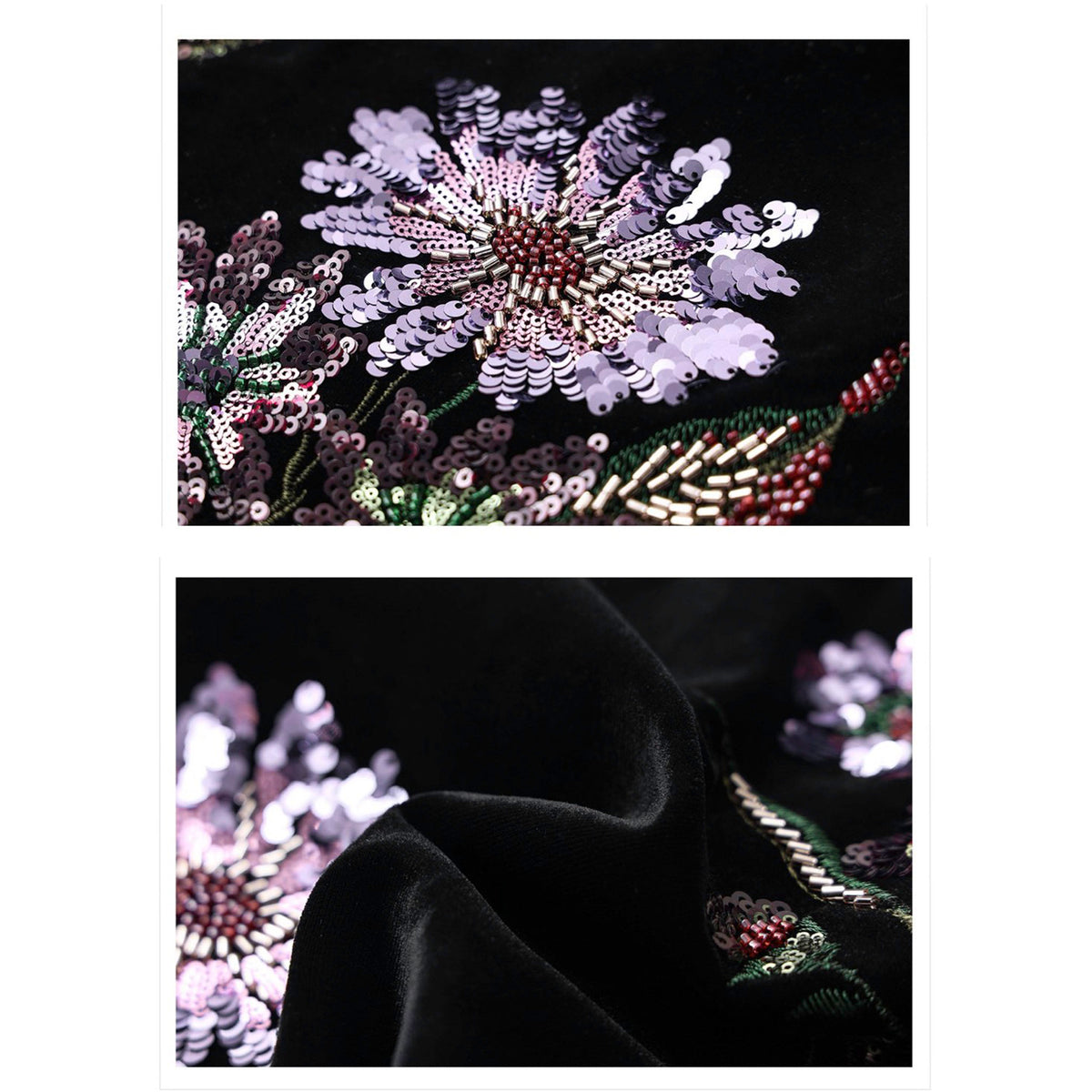 Close-up of embroidered floral design on fabric with dark background