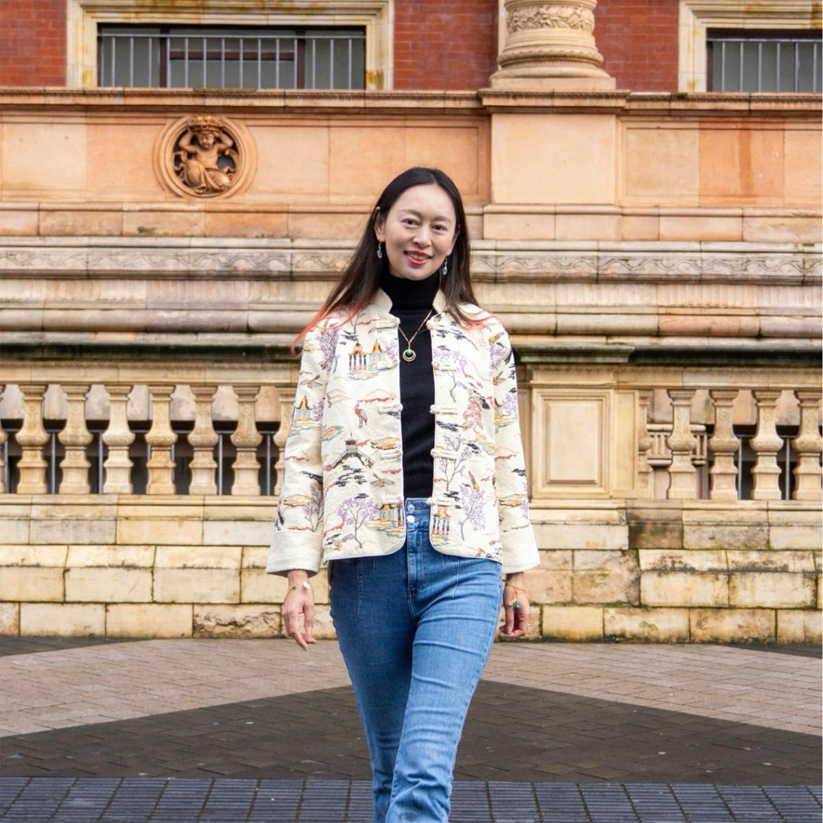 Embroidered Cardigan Jacket with Oriental Stitching