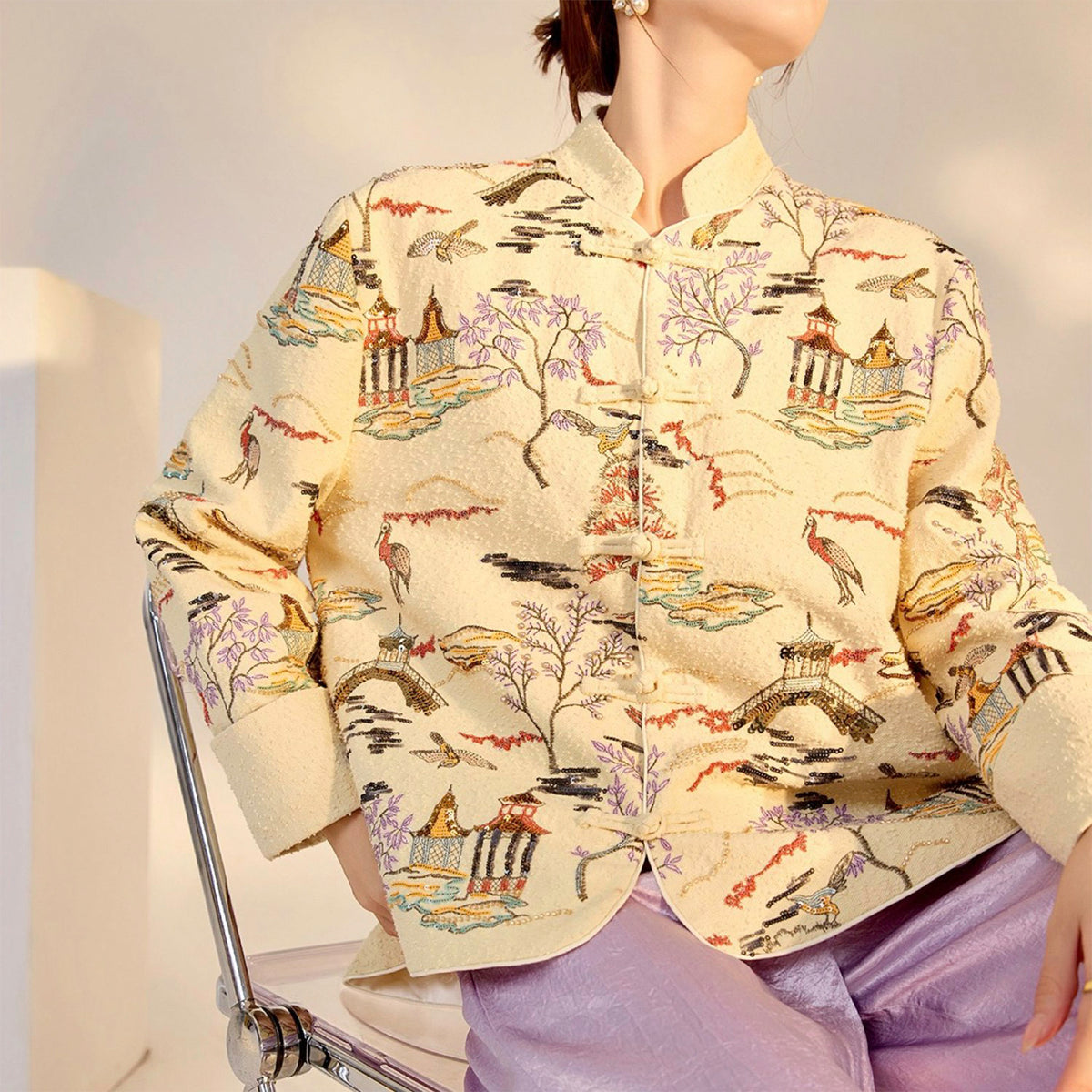 Embroidered Cardigan Jacket with Oriental Stitching