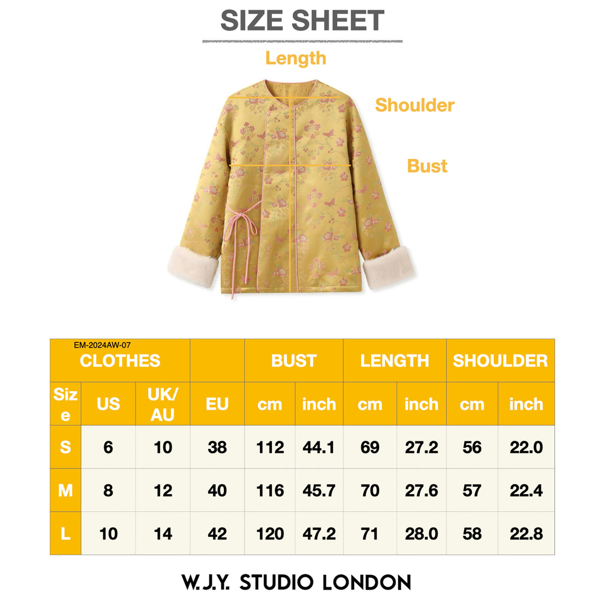 Size chart for a garment with measurements labeled on a white background, featuring W.J.Y. Studio London branding.