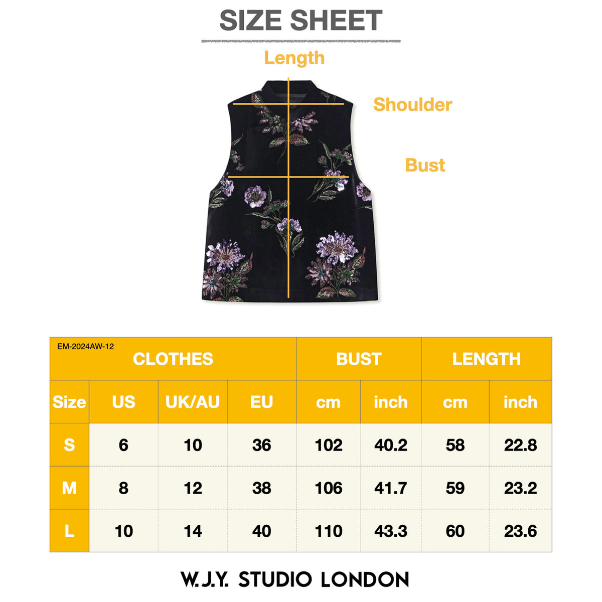 Size sheet for a floral vest with measurement points and W.J.Y. Studio London branding.
